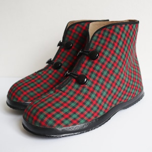 DEADSTOCK 50s60s Vtg. Childrens Rubber Boots / Black Button Closure & Red/Green Check Print / Tretorn / Size 28 / Unisex / Made In Sweden
