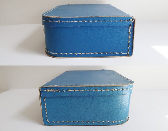 Blue Hard Cardboard Suitcase With White Handles /… - image 5