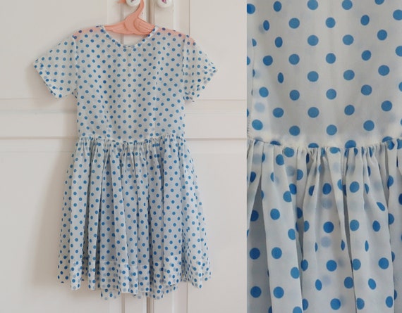 White 50s60s Dress With Blue Polka Dots // Handma… - image 3