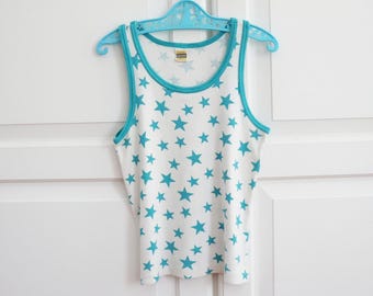Weiss/Türkis Blaues 70s Kinder Vintage Top mit Sternen // Calida // Grösse 8-128 // Baumwolle // Unisex Tee // Made in Switzerland