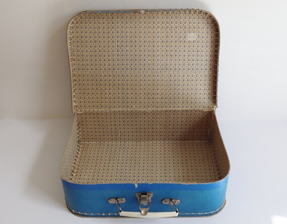 Blue Hard Cardboard Suitcase With White Handles /… - image 3