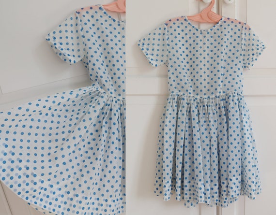 White 50s60s Dress With Blue Polka Dots // Handmad