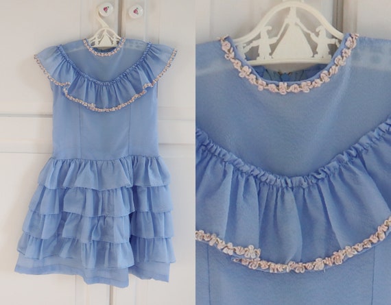 Cute Blue 50s Dress With Floral Ribbon // Ruffles - image 2