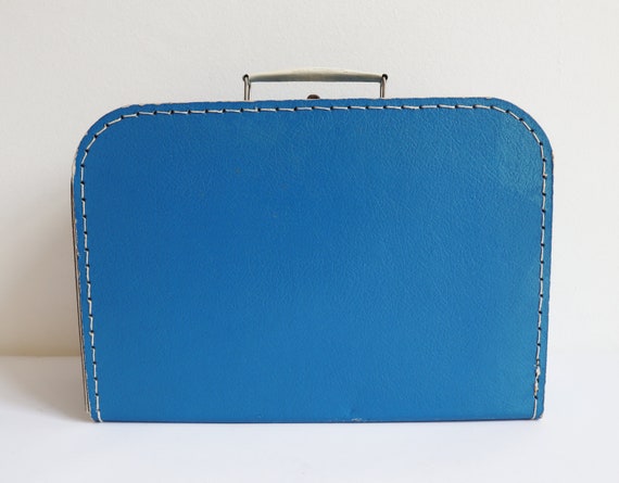 Blue Hard Cardboard Suitcase With White Handles /… - image 1