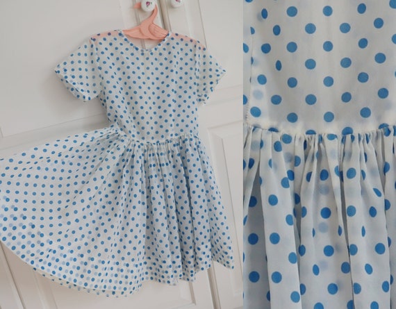 White 50s60s Dress With Blue Polka Dots // Handma… - image 2