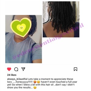 Pu&ograve; includere: Primo piano dei capelli di una persona acconciati in dreadlocks. I capelli sono lunghi e neri, e la persona indossa una camicia blu. La didascalia recita: "always_b3autiful Lets take a moment to appreciate these locs .....honeyyyyy!!!!!! haven't even touched a full year yet! So when I bless y'all with this hair oil..don't say I didn't show you the results..."