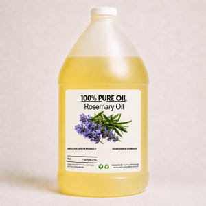May include: A large, translucent plastic jug filled with pale yellow rosemary oil. The white label features the text 100% PURE OIL, Rosemary Oil, DIRECTION: APPLY EXTERNALLY, INGREDIENTS: ROSEMARY, and Size 1 gal (US) 3.78 L, with a lavender graphic.