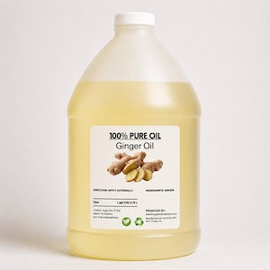 May include: A large, clear plastic jug containing pale yellow ginger oil. The white label displays the text 100% PURE OIL, Ginger Oil, an image of ginger root, and states a volume of 3.78 L, alongside instructions for external application only.