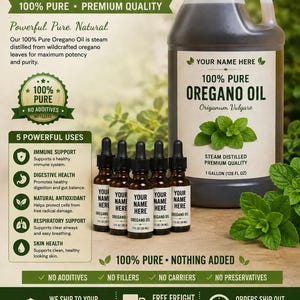 May include: A large one-gallon jug of 100% pure oregano oil alongside five smaller amber glass dropper bottles, each labeled with space for a name. The packaging features text detailing steam distillation, five uses, and no additives.
