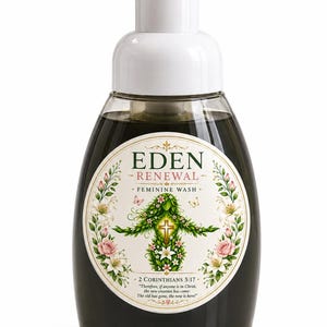 May include: A clear plastic pump bottle filled with dark liquid, featuring a label that reads EDEN RENEWAL FEMININE WASH, 2 CORINTHIANS 5:17, and a graphic of a figure made of green leaves and flowers with a gold cross in the center.