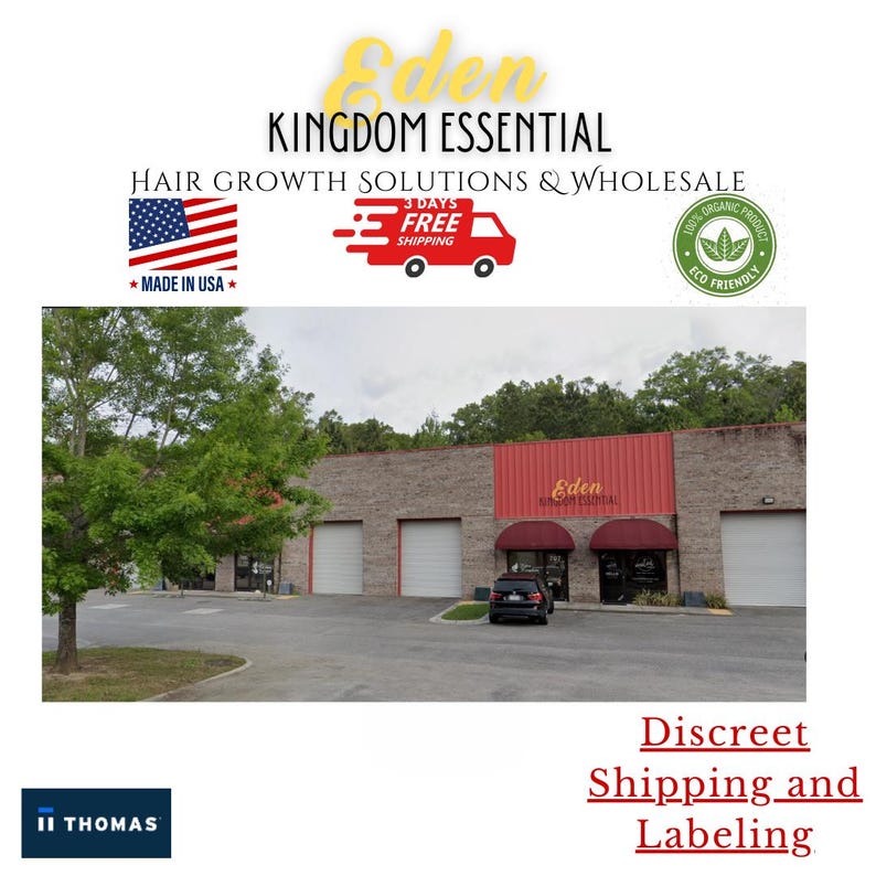 May include: Exterior view of a brick building with a red awning that says "Eden Kingdom Essential". The building has several large garage doors and a small car parked in front. The image also includes a logo with the text "Eden Kingdom Essential" and the words "Hair Growth Solutions & Wholesale".