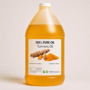 May include: A large, translucent plastic jug filled with golden-yellow turmeric oil. The white label features the text 100% PURE OIL, Turmeric Oil, an image of a turmeric root and powder, and states the volume as 1 gallon (US) 3.78 L.