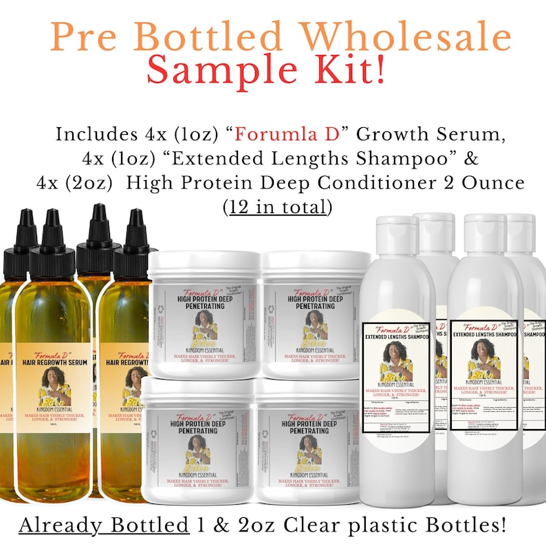 Pu&ograve; includere: Un set di 12 prodotti per la cura dei capelli pre-imbottigliati in bottiglie di plastica trasparente. Il set include 4 bottiglie di "Formula D" Growth Serum, 4 bottiglie di "Extended Lengths Shampoo" e 4 bottiglie di High Protein Deep Conditioner. Le bottiglie sono etichettate con il nome del prodotto e gli ingredienti. Il set &egrave; etichettato "Pre Bottled Wholesale Sample Kit!" e include il testo "Already Bottled 1 & 2oz Clear plastic Bottles!"