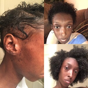 May include: A collage of three images showing a person with curly hair. The first image shows the person's hair in a straight style. The second image shows the person's hair in a curly style. The third image shows the person's hair in a curly style.