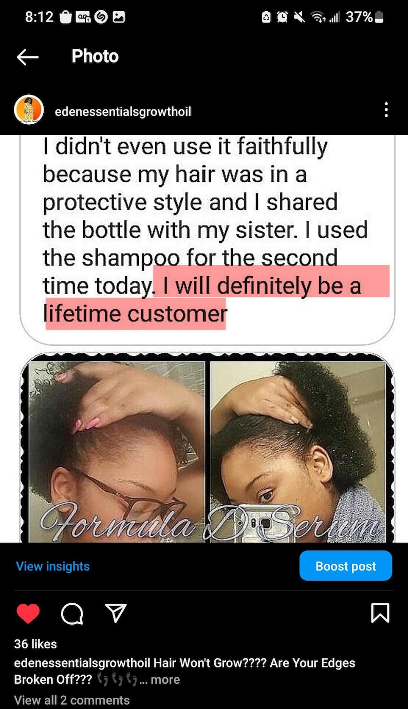 Pu&ograve; includere: Una foto prima e dopo che mostra i risultati dell'utilizzo di un siero per la crescita dei capelli. Il testo nell'immagine recita: "Non l'ho nemmeno usato fedelmente perch&eacute; i miei capelli erano in uno stile protettivo e ho condiviso la bottiglia con mia sorella. Ho usato lo shampoo per la seconda volta oggi. Sar&ograve; sicuramente una cliente fedele."