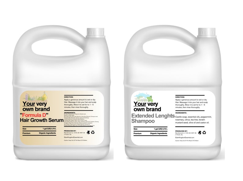 May include: Two white plastic gallon jugs with labels. The label on the left jug says "Your very own brand "Formula D" Hair Growth Serum". The label on the right jug says "Your very own brand Extended Lenghts Shampoo".