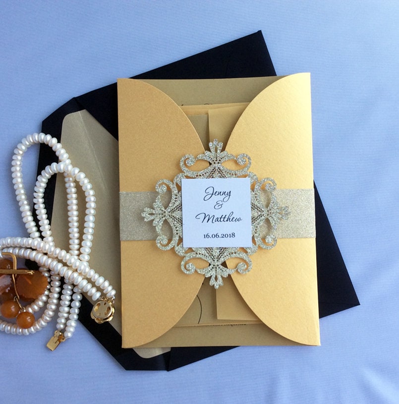 Pd4 Diy Wedding Invitation Gold Shimmer Folds Jacket Gold Glitter