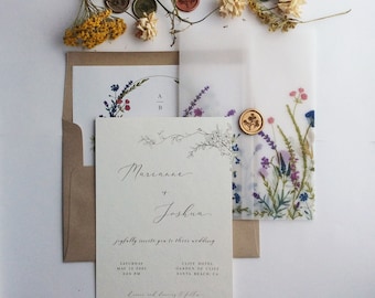 Colorful English summer botanical garden floral Vellum wedding invitation suite 5pcs envelope liner includes -SAMPLE-