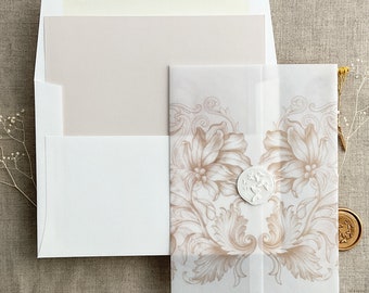V82 Claudia floral printed folded white translucent Vellum wrap for 5x7 card - not include envelope and liner