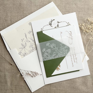 Wedding invitation kit adorable flowers white ink printed 2 inch wide white translucent floral Vellum belly band for 5x7 inches card