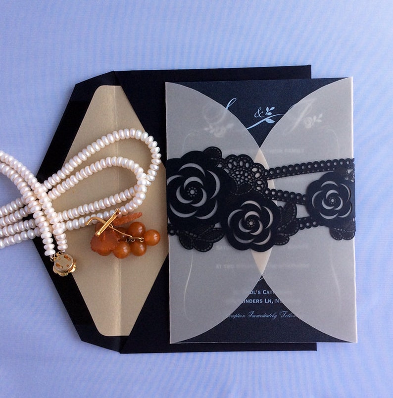 D5 black Wedding Invitation vellum Jacket black rose laser cut Etsy