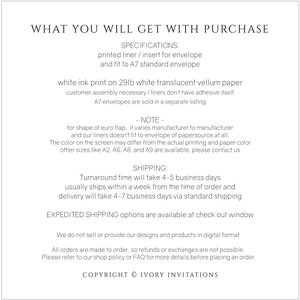 Pu&ograve; includere: Un documento di testo bianco con il titolo "What You Will Get With Purchase" e dettagli sulle specifiche, la nota, la spedizione e le opzioni di spedizione accelerata per una fodera o un inserto stampato per una busta. Il documento include anche un avviso di copyright per Ivory Invitations.