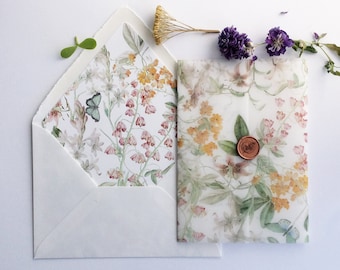 Floral Wedding invitation suite: vellum wrap+ printed 5x7 card+ wax seal +envelope liner+ A7 envelope Fresco Sage orange botanical garden