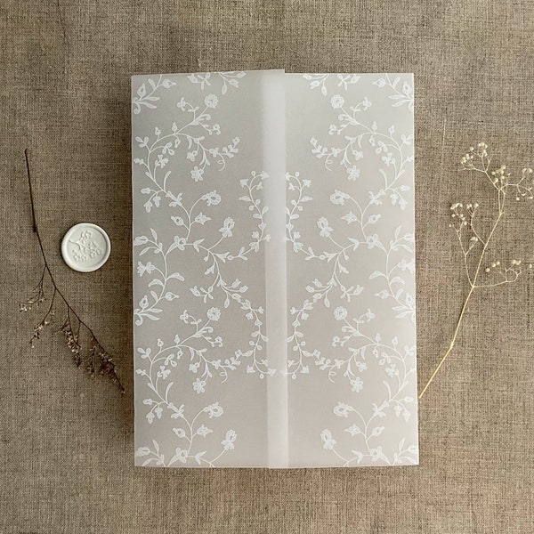V12 Elfenbeinfarbene, mit Blumenmuster bedruckte, weiße, durchscheinende Pergamentumschläge für 5 x 7 Zoll große Karten