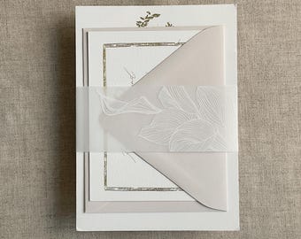 White calla lily floral vellum belly band for Wedding Invitation 5x7 inches: white ink print