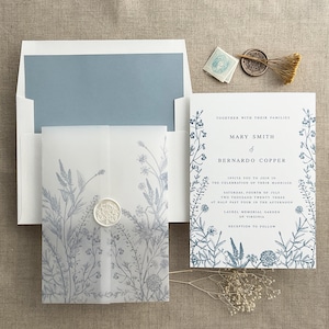 French blue English summer botanical garden formal vellum wedding invitation suite SAMPLE