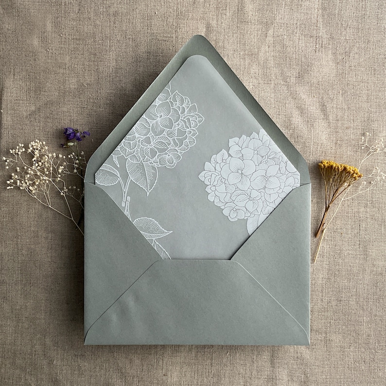 Pu&ograve; includere: Una busta grigia con un disegno floreale bianco sul davanti. Il disegno presenta due fiori di ortensia e foglie.