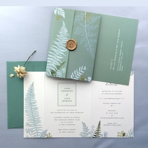 Sage green fern leaves botany garden greenery all in one invitation - seal n send wedding invitation - RSVP postcard includes