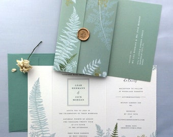 Sage green fern leaves botany garden greenery all in one invitation - seal n send wedding invitation - RSVP postcard includes