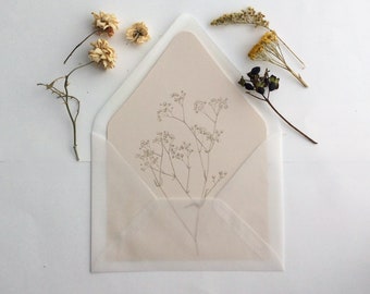 Boho minimalist floral printed envelope liner for A7 euro envelope - baby's breath branch printed on colored paper