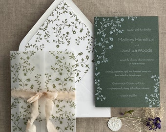 Printed vellum wraps + envelope liners + A7 envelopes(optional)-dainty climbing floral vines-Printed cards are not included sold separately-