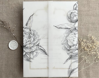 V30 Etched peony floral white translucent Vellum jacket  printed for 5x7 inches card