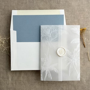 Carte V5 Palmiers, papier vélin blanc translucide, botanique tropicale, mariage sur la plage pour 5 x 7 pouces