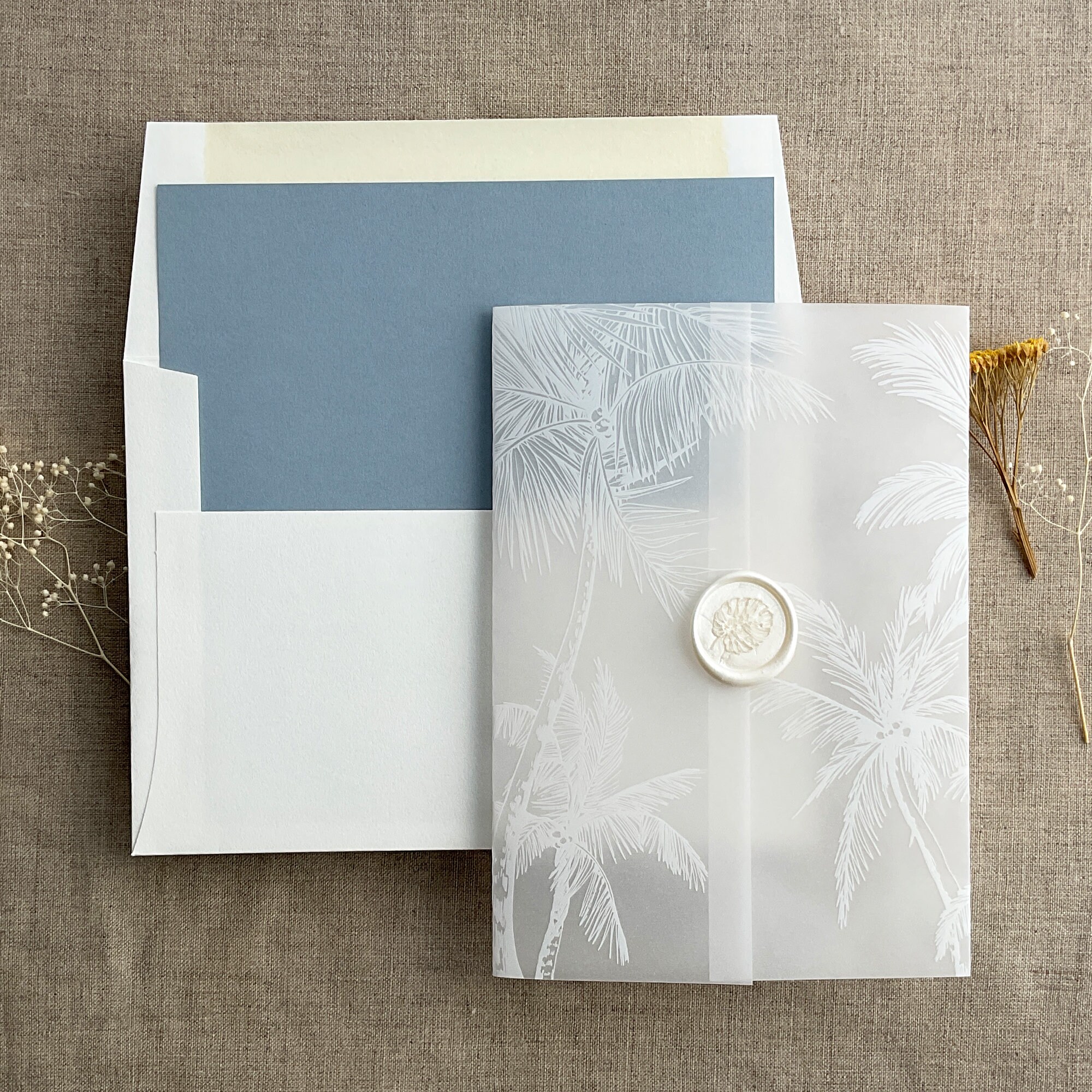 V5B Palm trees printed white translucent Vellum wrap tropical botany Beach wedding for 5x7 inches card