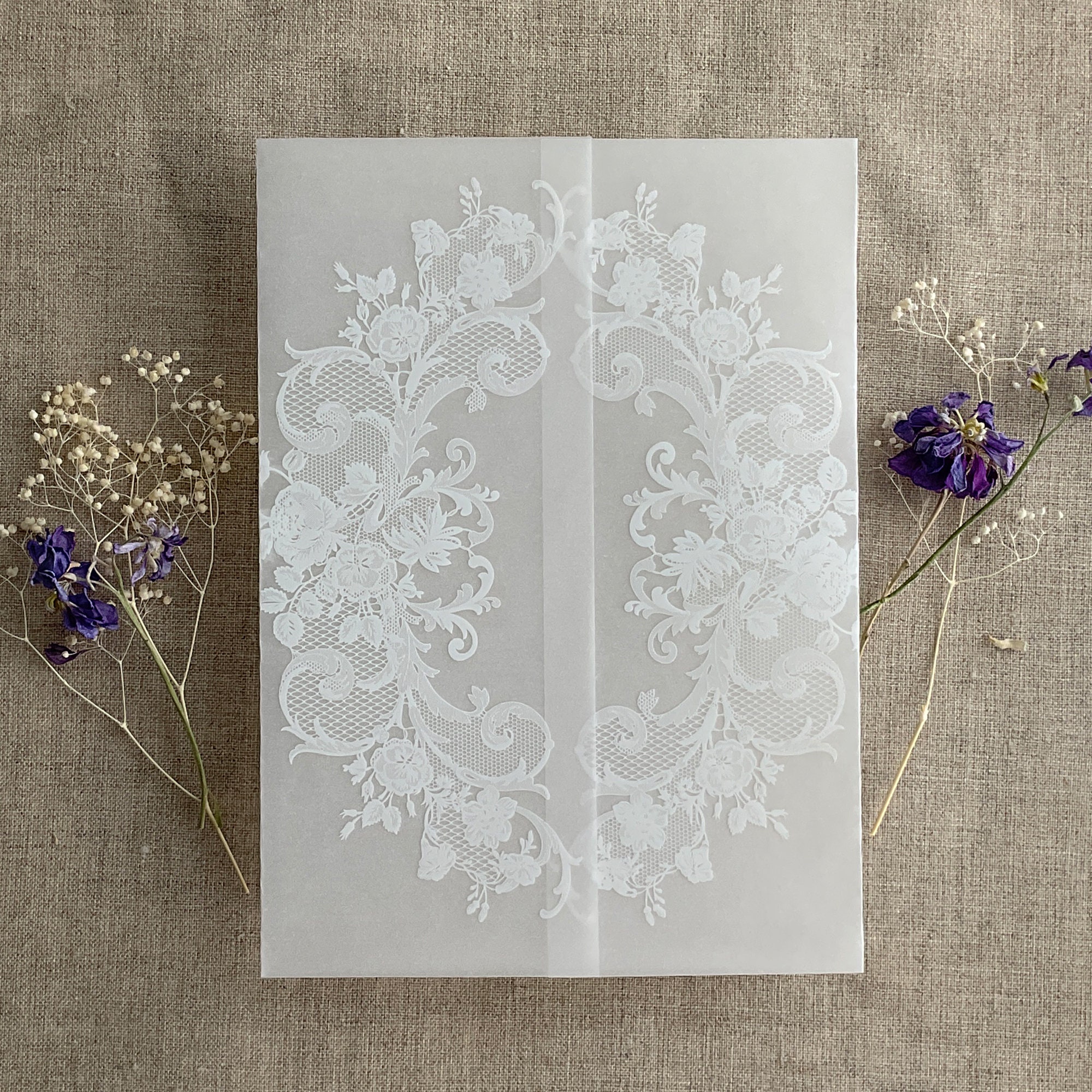 Adorable flowers printed vellum wrap for 5x7 card, pack of 10 Invitation  Jackets and Overlays by Ivory Invitations