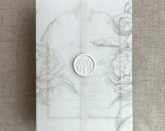 V30 Etched peony floral white translucent Vellum jacket  printed for 5x7 inches card