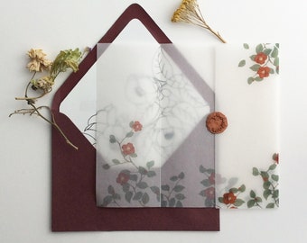 Red velvet Camellia printed on white translucent Vellum paper floral vellum wrap for 5x7 inches card Wedding invitation kit