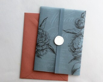V86 colored translucent Vellum jacket wrap for 5x7 inches card etched peony printed vellum wrap