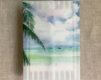 Papel vitela con diseño de acuarela de playa tropical junto al mar para invitaciones de boda de 5x7 pulgadas.