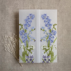V43 Eleanor blue white flowers mauve yellow flowers botanical garden printed on white translucent vellum jackets wraps for 5x7 cards