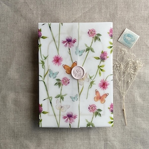 V80 Wild Clover flower and butterfly botanical garden white translucent vellum printed for 5x7 card vellum wrap Vellum jacket