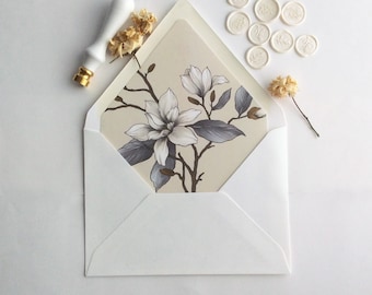 Blue white Magnolia branch Peony floral printed envelope liner for A7 euro envelope