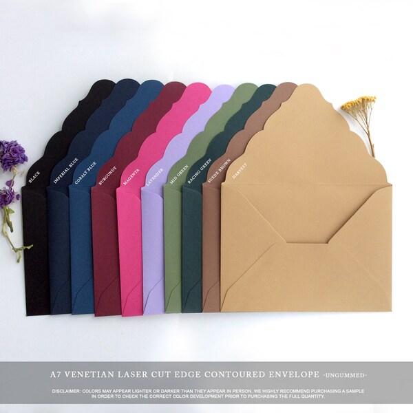 A7 laser cut contoured venetian style edge flap ungummed colored  envelopes - correspond to 5x7 inches card