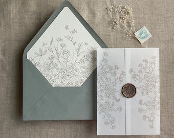 Envolturas de vitela con flores silvestres y forros para sobres de invitaciones tamaño A7