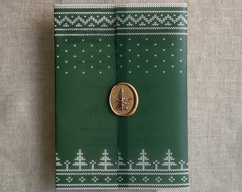 Chaqueta tipo vitela tejida con estampado navideño, apta para tarjetas de 5x7 pulgadas.