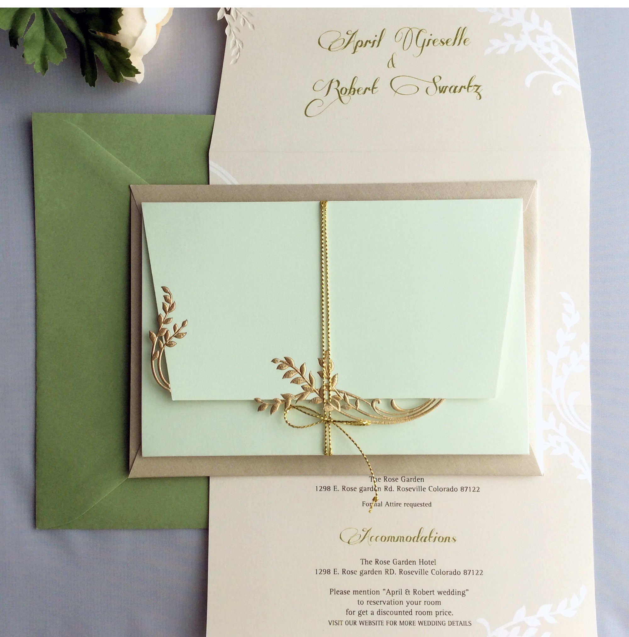 April Mint Green Gold Foil Leaf Branch Laser Cut Tri Folding Gold